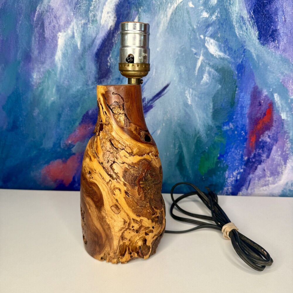 Burl Wood Table Lamp Handcrafted Turned Wood 10" Tall Desk Light Handmade MCM